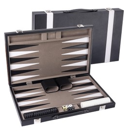 GSE Premium Leather Backgammon Board Game Set, Classic Backgammon Game Set with Leather Case, Travel Folding Board Game (Black&Grey, Large)