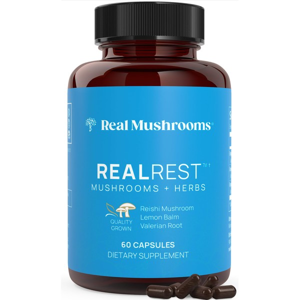 Real Mushrooms RealRest (60ct) Reishi Mushroom Capsules for Relaxation - Organic Reishi Mushrooms with Lemon Balm Herb - Sleep Support Supplement Mushroom Complex for Rest & Immune Support