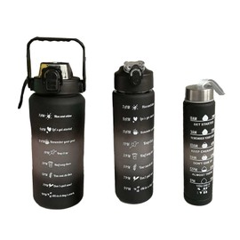 MAFEE 3 in 1 Motivational Water Bottles with Straw - Time Marker, Large Drinking Bottle Leakproof 2L/900ml/300ml Water Jugs for Sports Gym Travel BPA Free (Black)