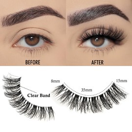 APCYUST Lashes Wispy False Eyelashes Natural Cat Eye Strip Lash Fluffy Fake Lashes Strips Clear Band Mink Eyelash Natural Look Cateye Demi Wispies Eye Lashes Pack 7 Pairs Short Full Pestañas Set