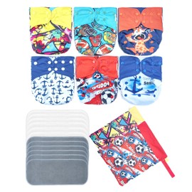 AWJ Side Leakage Prevention Double Gusset Castle Cat 6pcs Washable and Reusable One-Fit-All Cloth Diapers for Babies with 12pcs Inserts and 2pcs Wet Bags for Baby Girls and Boys (Boy Prints 01)