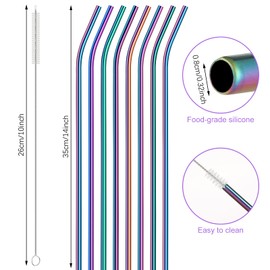 8 Pieces 14 Inch Stainless Steel Straws Long Drinking Straws for 100 oz Tumblers, Reusable Metal Drinking Straws Extra with 4 Pieces Cleaning Brush (Rainbow)