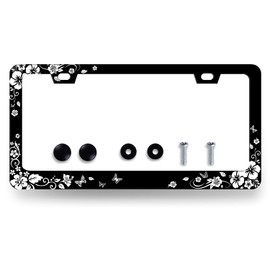 Beautiful Hibiscus Flower License Plate Frame Butterfly License Plate Stainless Steel Hawaii Accessories Cars Decor with 2 Holes and Screws Fits Standard Us Ca Vehicles 12.3X 6.3 Inch