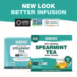 HANDPICK, Spearmint Tea Bags (100 Count) Non-GMO, 100% Pure Spearmint Leaf Tea Bags Certified by Tea Board of India | Round Eco-Conscious Teabags