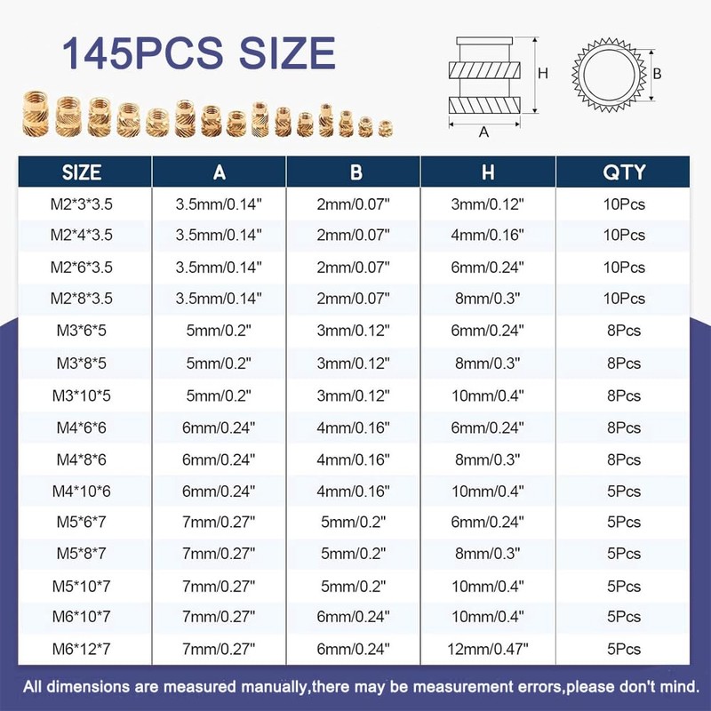 Pack of 145 Brass Threaded Inserts Female Thread Knurled Nuts,