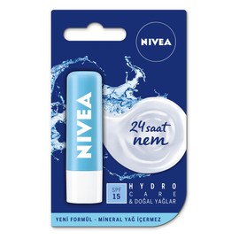 NIVEA Hydro Care Dudak Bakım Kremi, 24 Saat Nem, Aloe Vera, Saf Su ve Doğal Yağlar, SPF 15, Gün Boyu Dudak Bakımı (4,8g)