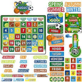 Cholemy 85 Pcs Calendar Bulletin Board Set Classroom Calendar Bulletin Board with Numbers Month Weather Classroom Decoration Wall Decor for Chalkboard Back to School Supplies(Sports)