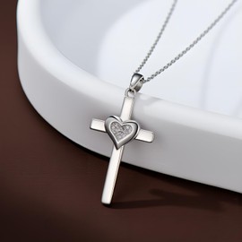 Sonouli Lab Grown Diamond Heart Cross Pendant Necklace Diamond Cross Necklace Gift for Women, Normal, Sterling Silver, lab grown diamond