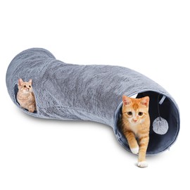 Nobleza S-Shaped Cat Tunnel, Foldable Cat Tunnel Made of Short Plush, Interactive Viewing Hole, Cat Play Tunnel with Cat Toy Ball, L108 cm, Grey