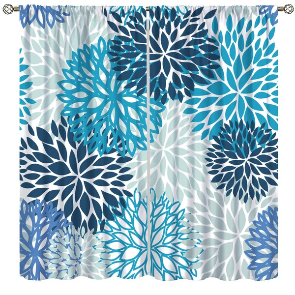 Spring Navy Flower Curtains, Blue Boho Chrysanthemum Flowers Colorful Bright