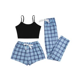 Milumia - Conjunto de pijama de 3 piezas para mujer, pantalones cortos y pantalones cortos a cuadros, Azul/negro, XX-Small