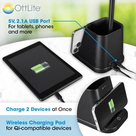 OttLite Merge LED Desk Lamp with Wireless Charging - ClearSun LED Technology, 3 Brightness Settings & Color Temperature Modes with Touch Activated Controls - Includes Storage Area for Desk Supplies