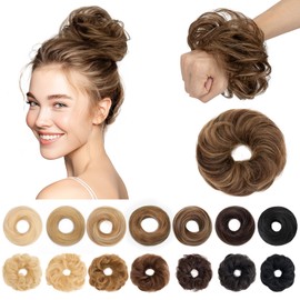 SEGO Human Hair Messy Bun Hairpiece Real Scrunchies Wavy Curly Tousled Updo Donut Chignon Ponytail Extensions for Women Girls-#2RP6R Dark Brown & Light Brown