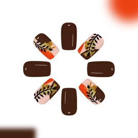 Brown Press on Nails Leaf Fake Nails Short Square False Nail with Glitter Design Fall Glue on Nails Glossy Full Cover Artificial Acrylic Stick on Nail for Women Girls Manicure 24Pcs