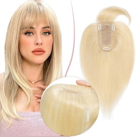 SEGO Pro Human Hair Topper with Bangs Hair Toppers for Women Real Human Hair Silk Base Clip In 2.75 * 5.1 Inch Topper Increase Hair Volume 8 Inch #613 Light Gold