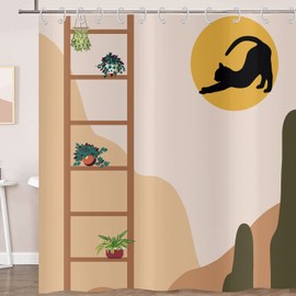Hnmdmyi Shower Curtain Boho 180 x 200 cm, Mid Century Abstract Black Cat Sun Succulent Potted Plant Bath Curtain Modern Minimalist Geometric Aesthetic Art Waterproof Fabric Bath Curtain