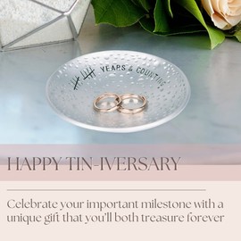 PureRejuva 10th Anniversary Tin Gifts – 4 In., Engraved, Aluminum Wedding Ring Holder Dish & Gift Box – 10 Year Anniversary for Him & 10 Year Anniversary for Her Textured Style | PureRejuva