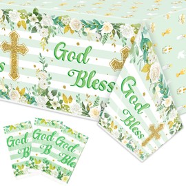 BkeeCten God Bless Baptism Tablecloth - 3-Pack Green Baptism Table Cover Christmas Winter Xmas New Year Party God Bless Cross Religious Waterproof Rectangle First Communion Baby Shower(54x108 Inch)