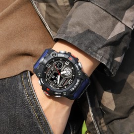 Boosns Mens Outdoor Sport Military Waterproof LED Digital Plastic Multifunction Fitness Watches (Black Blue)