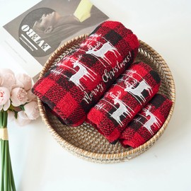 Marina Decoration Christmas Premium Luxury Decor Ultra Soft 100% Cotton Embroidered Bathroom Modern 3 Piece Towel Set, Red Black Plaid Xmas Reindeer and Tree Pattern