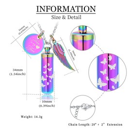 Cylinder Urn Ash Necklace for Women Men Butterfly Cremation Jewellery Ash Loved One Memorial Angel Wing Pendant, Stainless Steel, No Gemstone