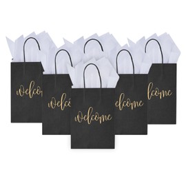 DjinnGlory 50 Pack Medium Black Welcome Paper Gift Bags with Handles and 50 White Tissue Paper for Wedding Hotel Guests Engagement Bridal Shower Birthday Party Favors (10''x8''x4'')
