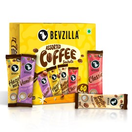 Bevzilla 60 Instant Coffee Powder Sachets(4 Flavours) - 120 Grams | Turkish Hazelnut, Colombian Gold, French Vanilla & English Butterscotch | 15 Sachets Each Flavour| Makes 60 Cups| 100 % Arabica
