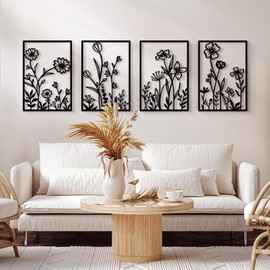 Sokurdeg Black Metal Flowers Wall Decor, Minimalist Floral Wall Hanging Art, Black Abstract Line Wall Art Sculptures for Bedroom Bathroom Living Room (4 Pcs, 12 x 17 in)