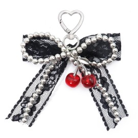 Atifober Black Coquette Pearl Bow Lace Keychains, Cute Purse Charms Handbag Pendant Y2k Bowknot with Red Cherry Silver Metal Bow Keychain Accessories for Woman