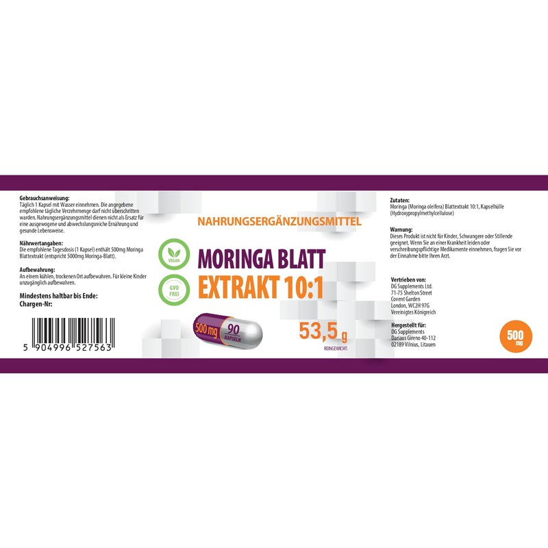 Moringa Leaf 5,000mg Equivalent (500mg 10:1 Extract) 90 Vegan Capsules,
