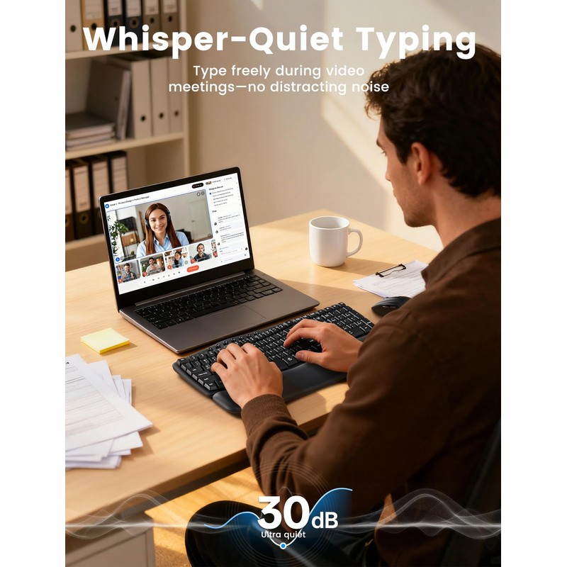 Quiet Wireless Keyboard and Mouse Combo,30dB Silent Ergonomic Full-Size Keyboard