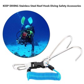 Diving Reef Hook, 316 Stainless Steel Safety Accessory with Quick Release Buckle Spiral Coil Lanyard for Underwater Adventures (Blue)
