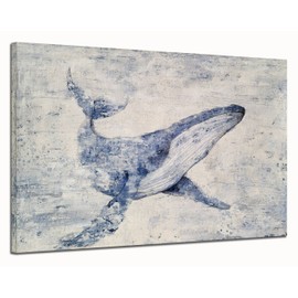 Yihui Arts Fish Canvas Wall Art Hand Painted Lovely Whale Paintings Modern Coastal Pictures in Blue and White Color Abstract Animal Artwork for Living Room Bedroom Bathroom Decor
