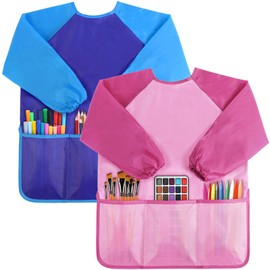 SOCOLER 2 Pack Kids Art Smock, Kids Painting Apron, Waterproof Children Artist Aprons with Long Sleeve 3 Pockets for Toddlers Age 2-6 Years, Pink and Blue