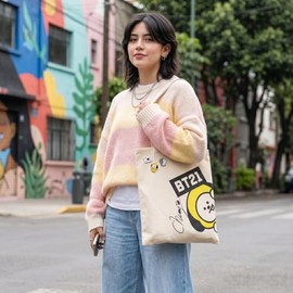 Bolsa Tote Bag BT21 de Loneta Personajes | Tote Bag Kawaii Coreana 35x40 cm | Bolsa Reutilizable BT21 para Escuela, Universidad y Uso Diario