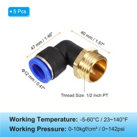 PATIKIL 1/2" Push to Connect Fitting, 5 Pack PT Male Thread 90 Degree Connect 12mm Tubing Elbow and Straight Combination Air Tube Fitting Pneumatic Quick Connect Adapter, Blue