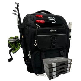 Baitium Fishing Backpack, Tackle Bag With Rod Holders, 40L Capacity With Cooler, Rain Cover, Insulated Pocket, 4 Tackle Trays Included (Jet Black)