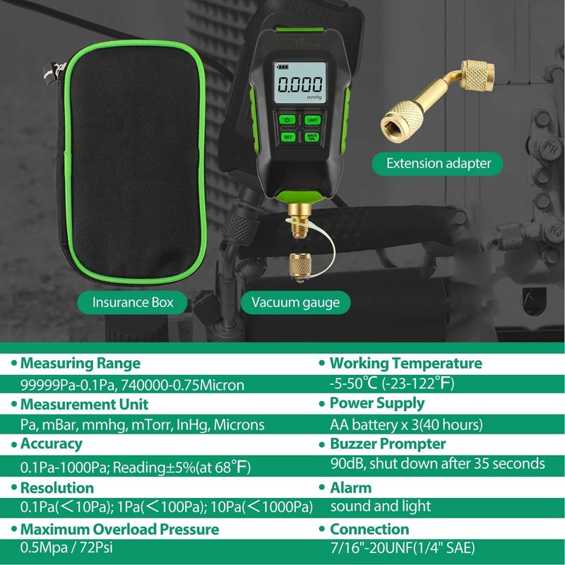 Digital Vacuum Tester, Professional Accuracy, Large Screen Display, 1/16 Inch