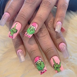 Christmas Press on Nails Long Glitter Fake Nails Full Cover Pink Acrylic Nails Xmas Glue on Nails Glossy False Nails Artificial on Nails Winter Stick on Nails Nail Decoration for Women and Girls 24Pcs