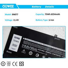 OUWEE 8N0T7 Laptop Battery Compatible with DELL XPS 15 9575 Precision 5530 2-in-1 Series Notebook 8N0T7 08N0T7 TMFYT 0TMFYT 11.4V 75Wh 6254mAh 6-Cell