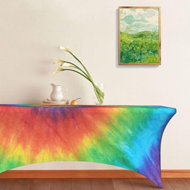 Fitted Rectangular Tablecloth Stretch Spandex Table Cover Rainbow Tie Dye Colorful 6 FT Table Protector for Party Events Banquet Weddings Cocktail