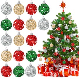 Liliful 48 Pcs 1.18 Inch Mini Christmas Ball Ornaments Christmas Tree Ornament Glitter Sequin Foam Ball Ornaments Xmas Hanging Decoration for New Year Holiday Wedding(Green, Gold, Sliver, Red)