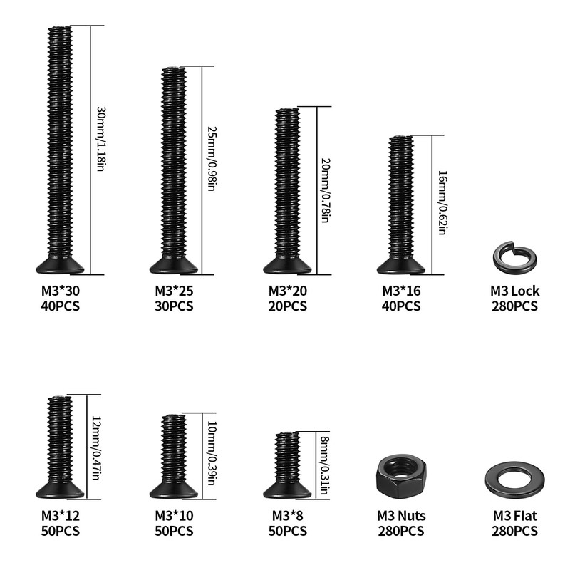 1120 Piece M3 Screws Set, Countersunk Screws Nuts Set, Threaded