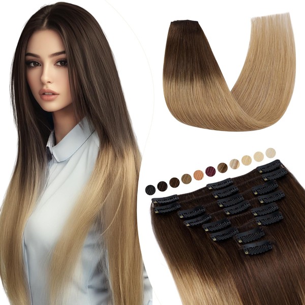 Elailite Clip-In Real Hair Extensions, 8 Wefts, Straight, #4T27, Medium
