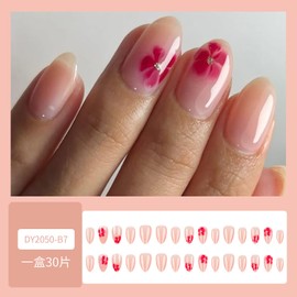 Short Press on Nails Almond Nails Pink Flower Press Ons with Design Cute Fake Nails Glossy Press on Nail Nude Pink False Nails Reusable Acrylic Nails for Women 24 Pcs
