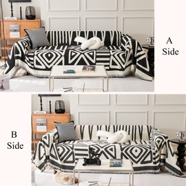 EAVD Geometric Boho Couch Covers for 3 Cushion Couch Sofa Cover Reversible Chenille Couch Covers for Sectional Sofa Cover Black White Triangle Plaid Geometric Couch Cover Blanket for Living Room