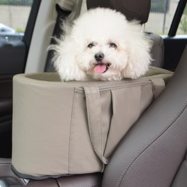Center Console Dog Car Seat for Small Dogs, Large Leather Dog Car Bed with Storage Pocket, Waterproof PVC Leather Booster Seat Travel Bed for Front & Back Seat, Clip-On Safety Leash (Grey)