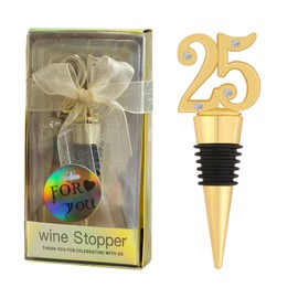Paquete de 24 tapones de vino de 25 años para fiestas de 25 años para recuerdos de fiesta de aniversario de boda 25, decoración de fiesta de cumpleaños con temática negra y dorada para invitados (24