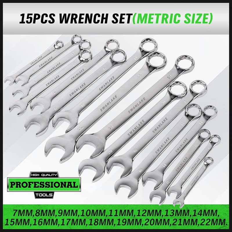 SWANLAKE 32-Piece Combination Wrench Set, SAE and Metric, 1/4"-1" &