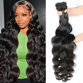 VENGSTI Body Wave 4 Bundles Human Hair 22 24 26 28 Inch Brazilian 12A 100% Unprocessed Double Weft Quick Weave, Black Color, Total 400g